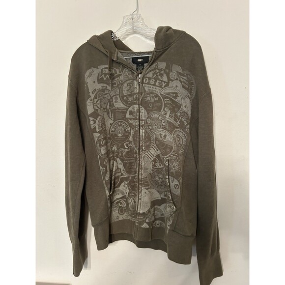 Vintage Obey Full zip Hoodie Army Green Front And Back Graphic men’s Size Large - Picture 1 of 4